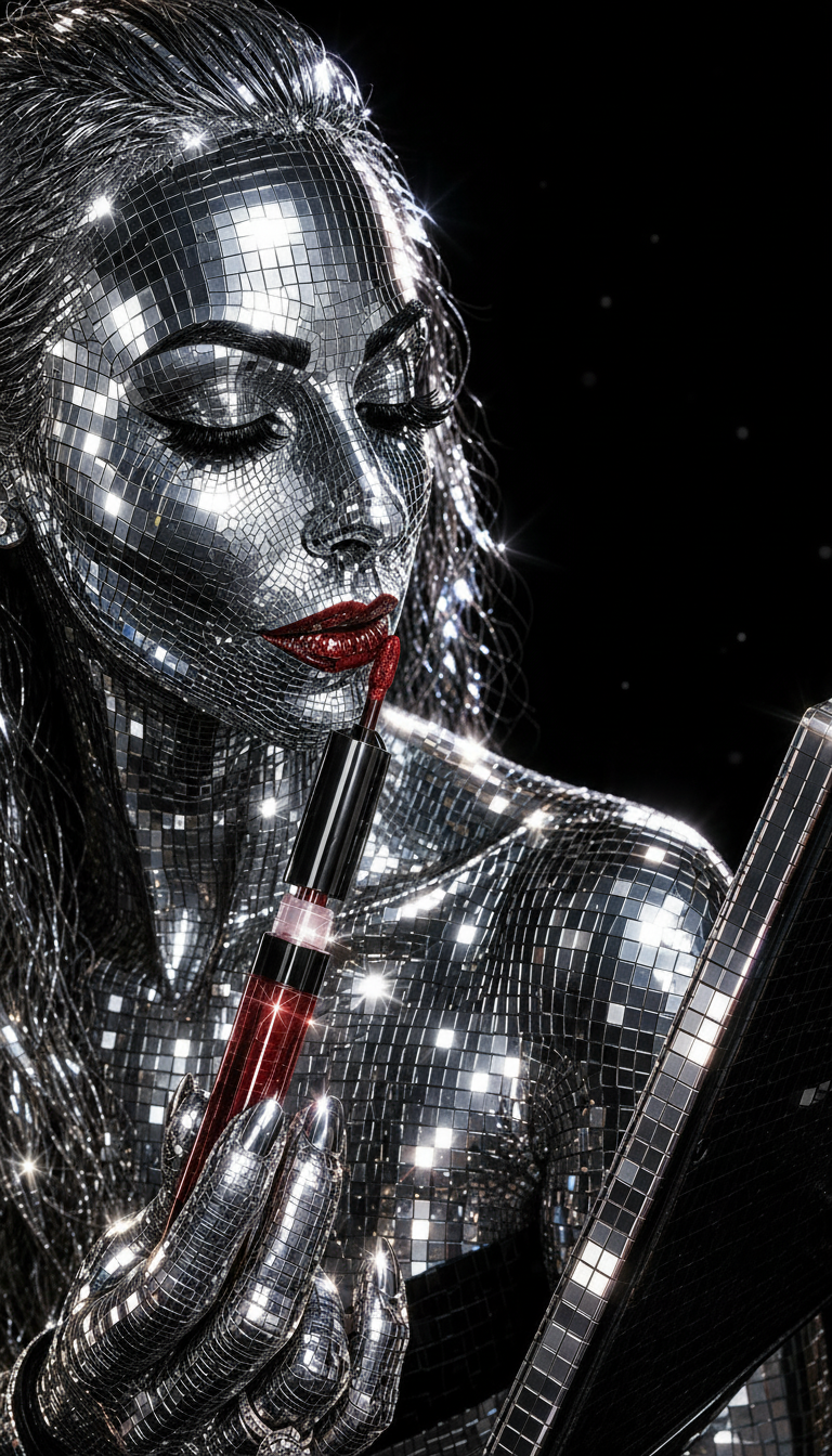 Mirror mosaic beauty with red lipstick