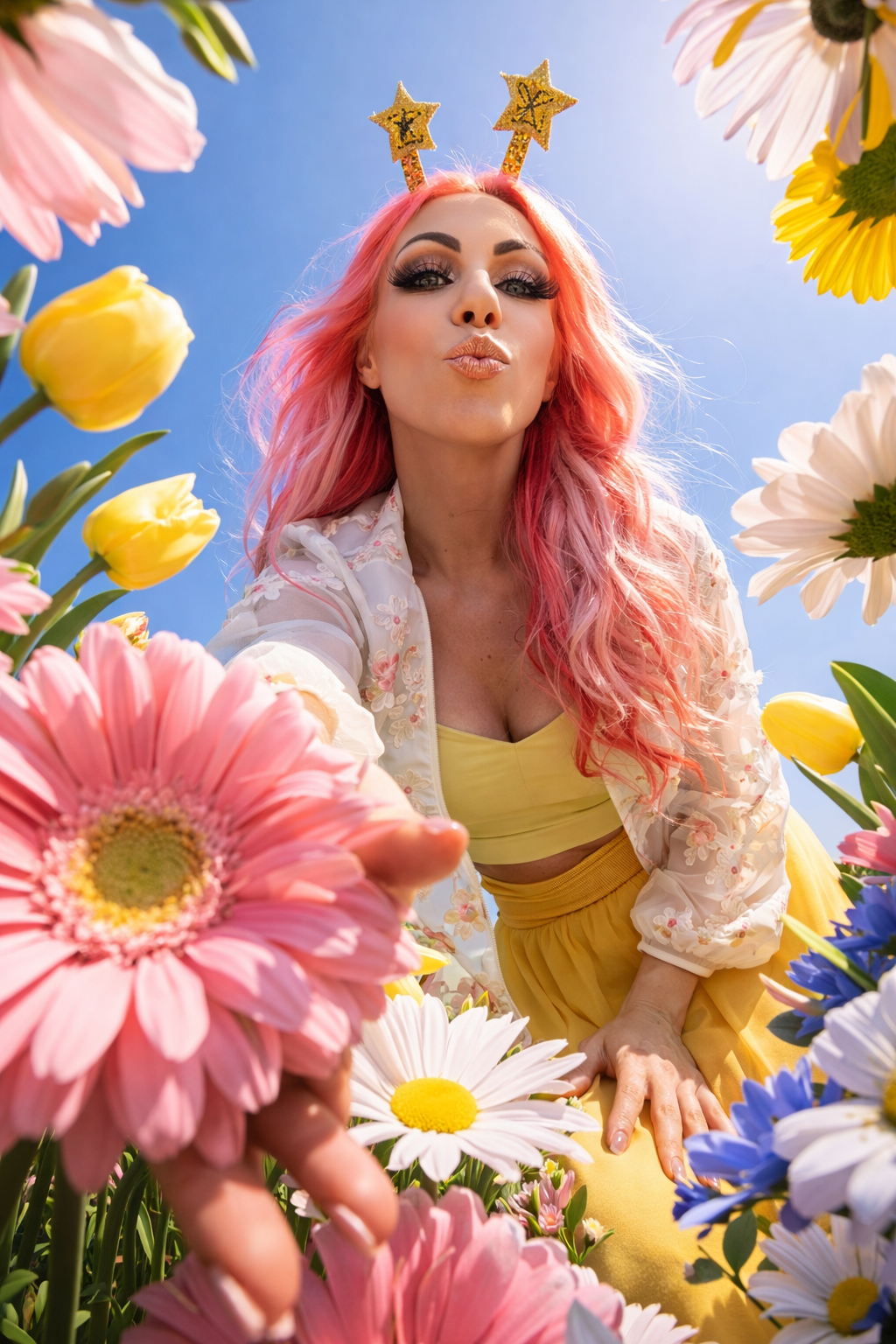 Flower garden glam with pink hair and star crown