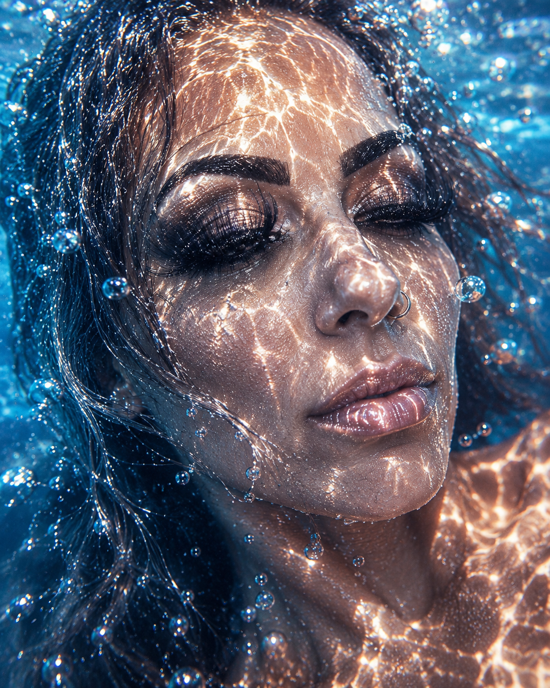 Underwater beauty with dramatic lashes