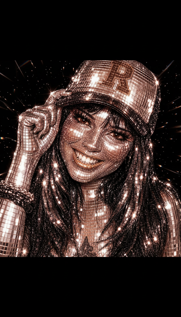 Disco ball glam portrait with R cap