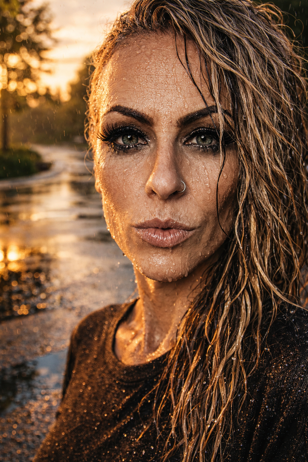 Golden hour rain portrait with dramatic lashes