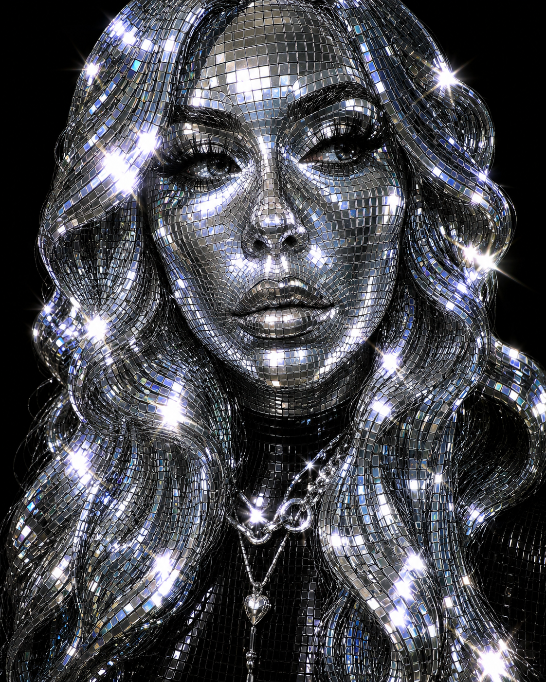 Disco ball mirror mosaic portrait with necklace