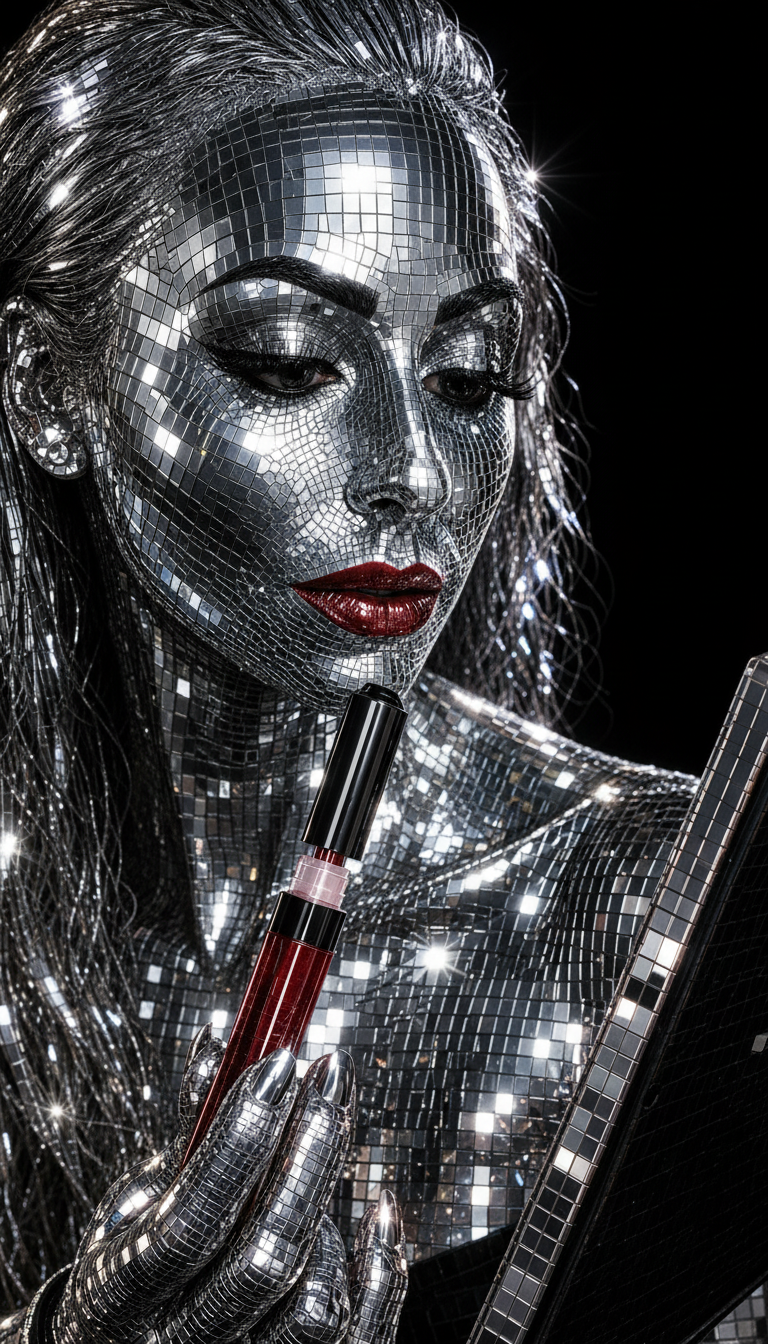 Mirror mosaic beauty applying lipstick