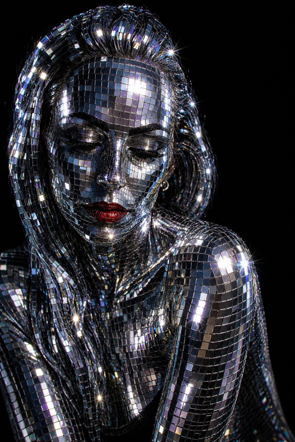 Disco ball woman with red lips portrait