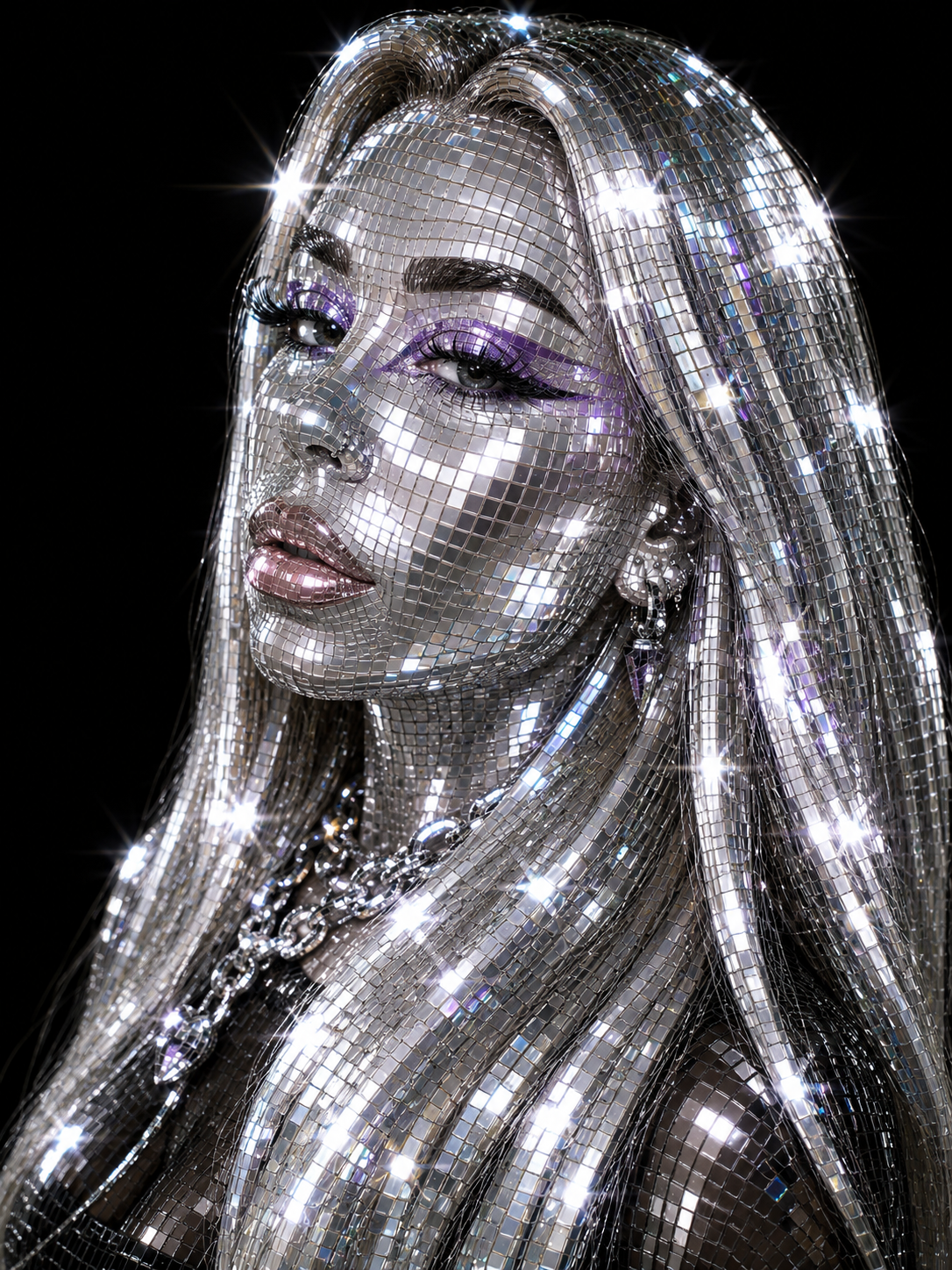 Disco ball glam with purple eyeshadow and chain necklace