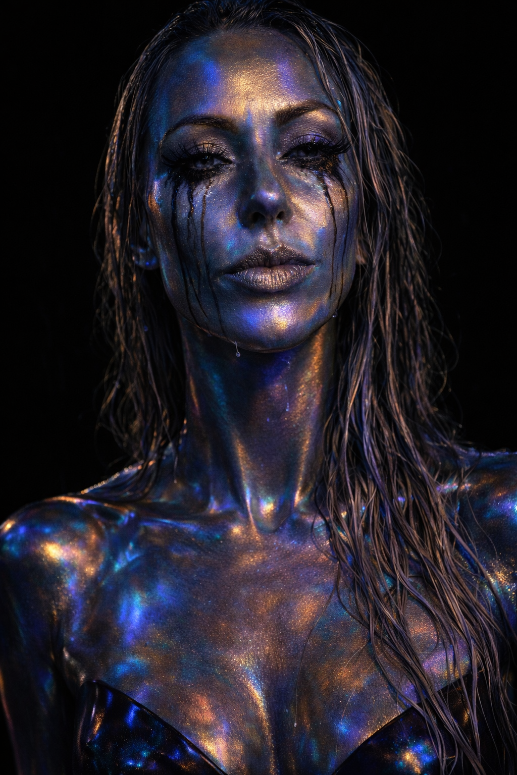 Iridescent body paint editorial with ink tears