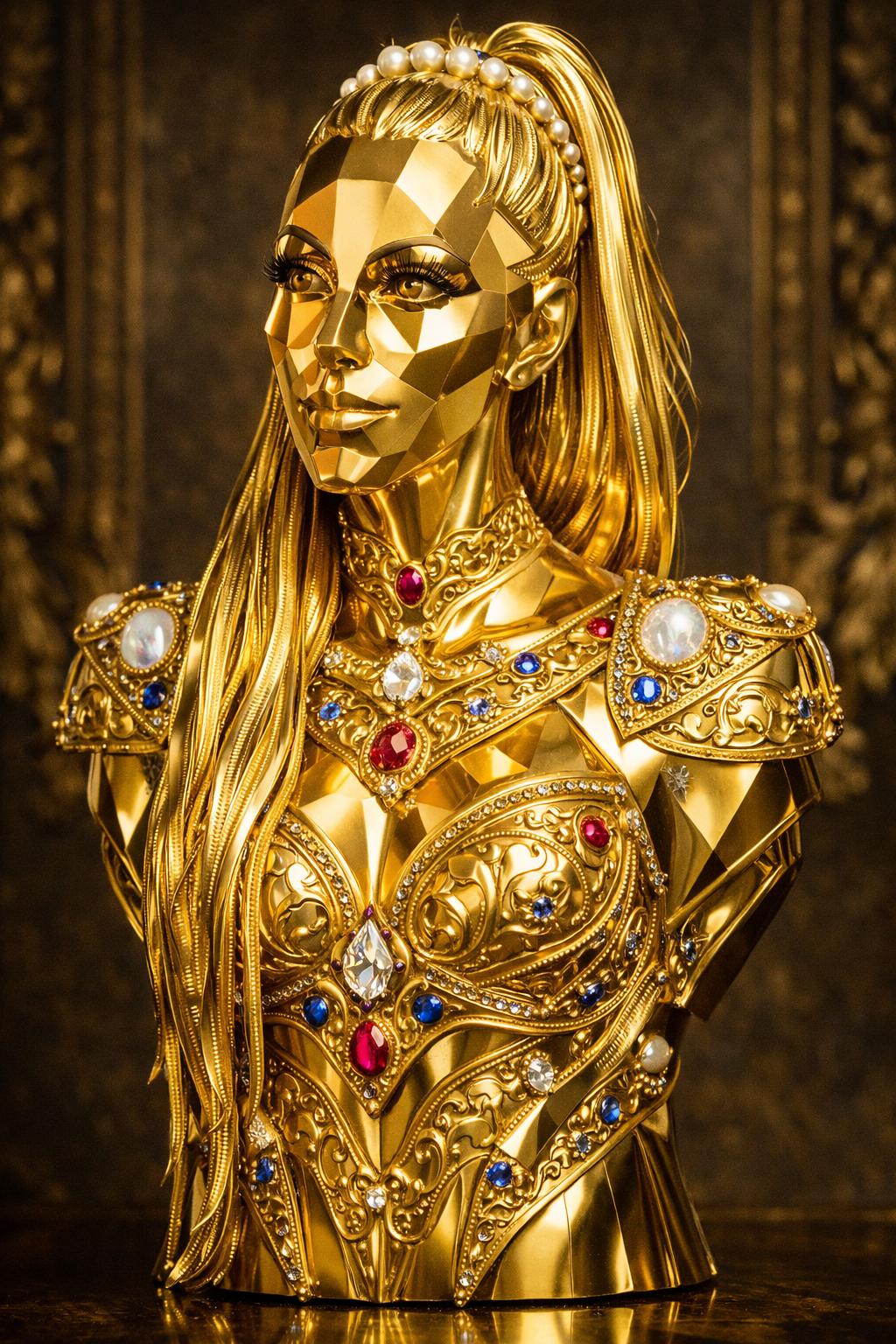 Golden jeweled beauty sculpture with pearls and gems
