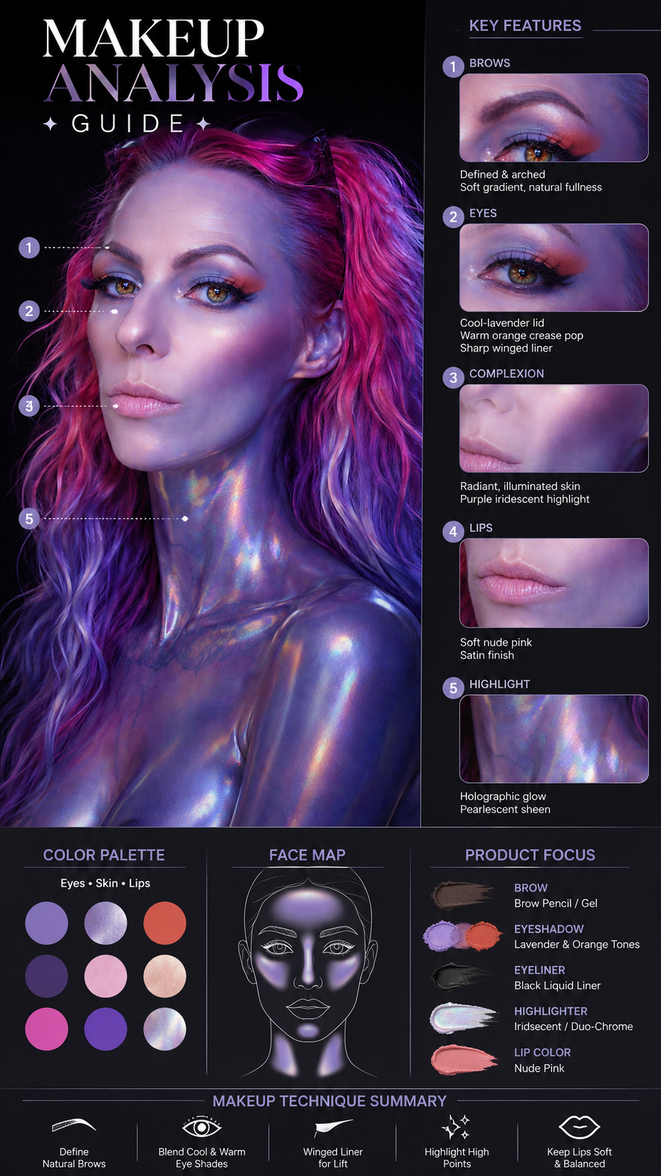 Makeup Analysis Guide — holographic lavender editorial