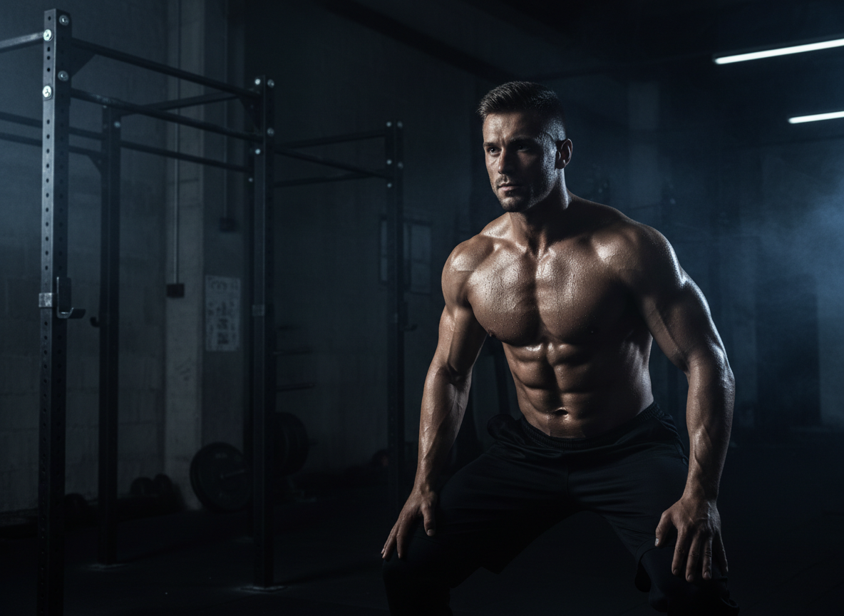 Elite athlete in dark industrial gym