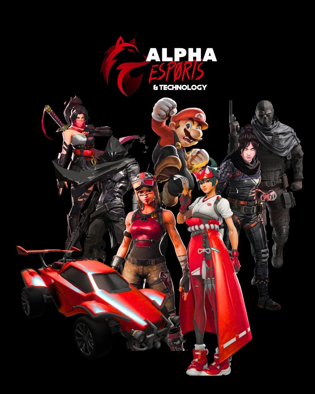 Alpha Esports & Technology flyer featuring game characters from Fortnite, Mario, Rocket League, and more