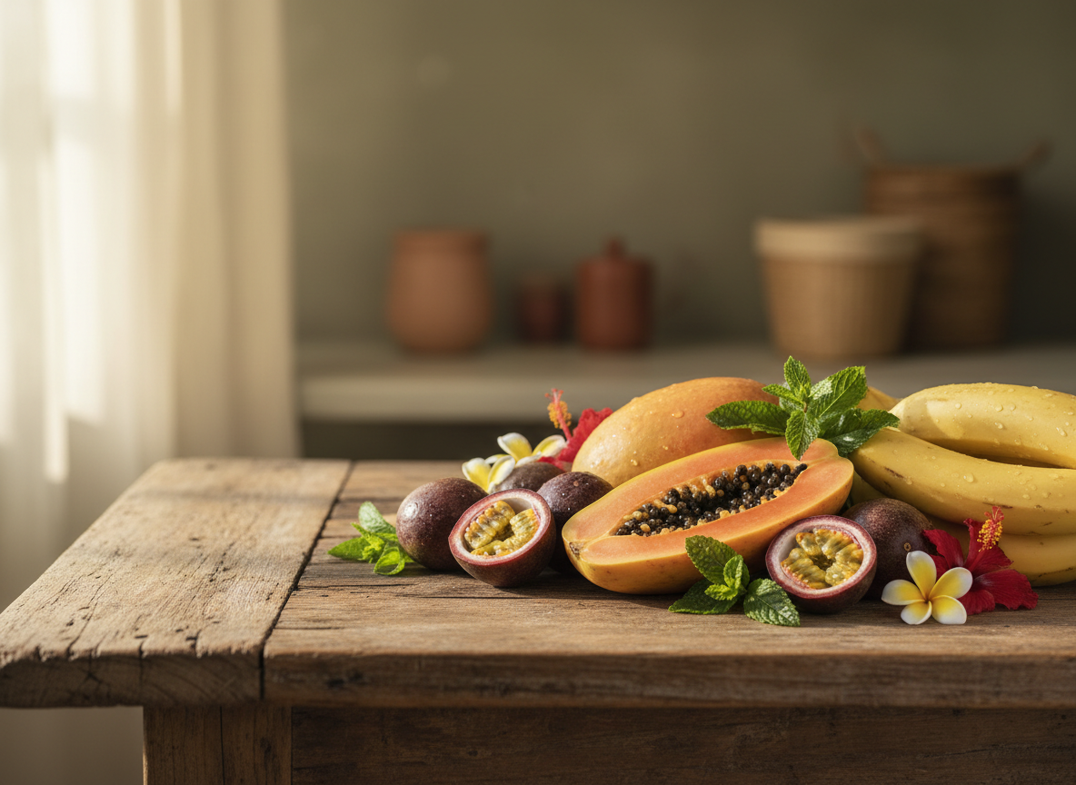 Tropical ingredients on a rustic table at Living Circle Farms