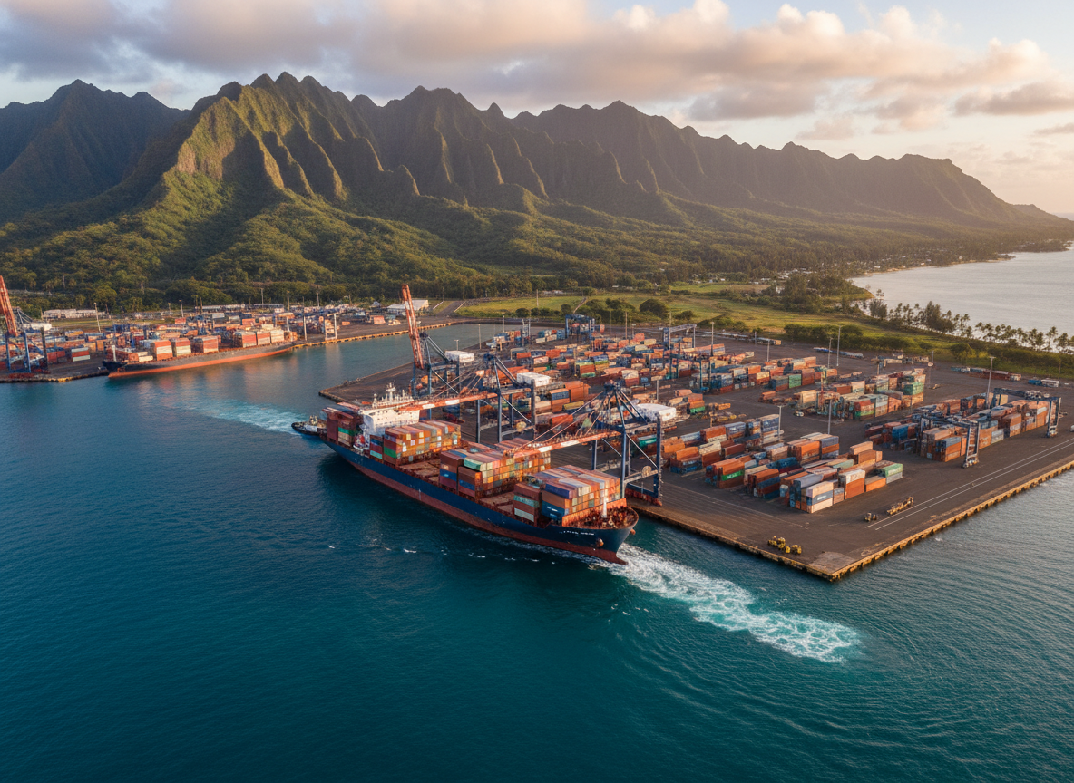 Cargo ship arriving at Hawaiian port with raw materials
