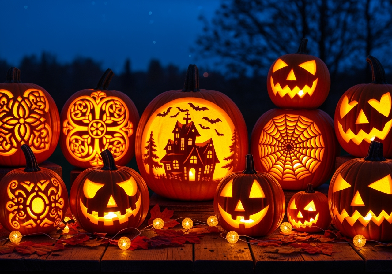 Intricate carved pumpkins with detailed LED lighting designs