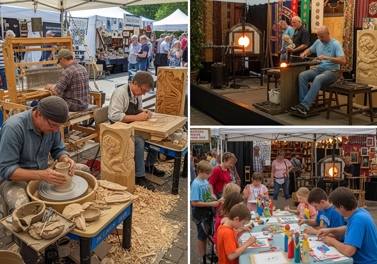 Live craft demonstrations with artisans working on pottery and woodcarving