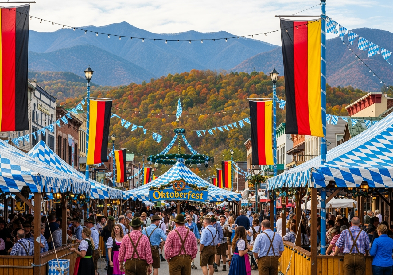 Oktoberfest celebration in downtown Gatlinburg with fall foliage in background