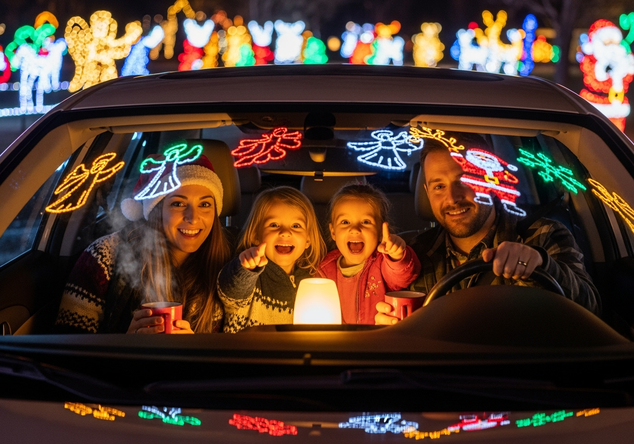 Family enjoying drive-through Christmas lights at Shadrack's Christmas Wonderland from comfort of their car