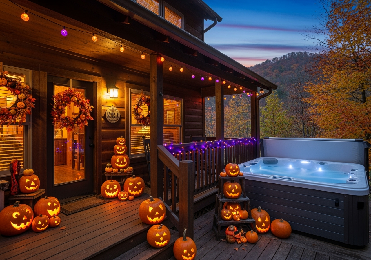 Mountain cabin with Halloween decorations and autumn atmosphere