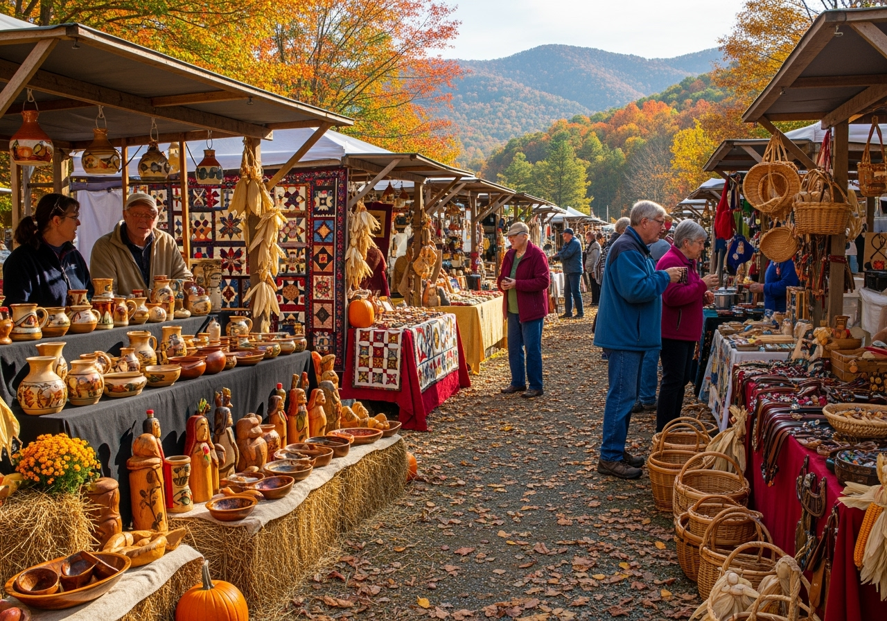 Local artisan craft vendors at harvest festival with handmade mountain crafts