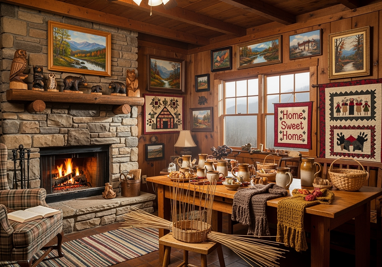 Mountain cabin interior decorated with authentic Appalachian crafts