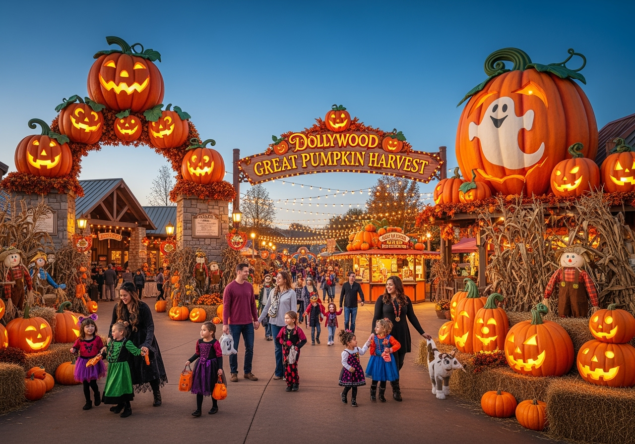 Dollywood Great Pumpkin Harvest Halloween celebration with massive pumpkin displays