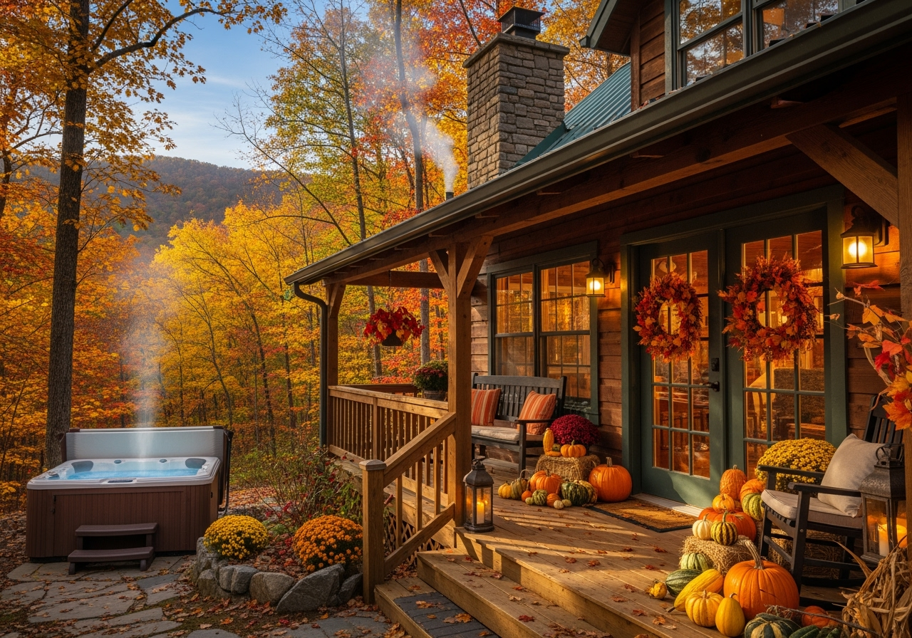 Cozy mountain cabin with autumn decorations and fall foliage surroundings