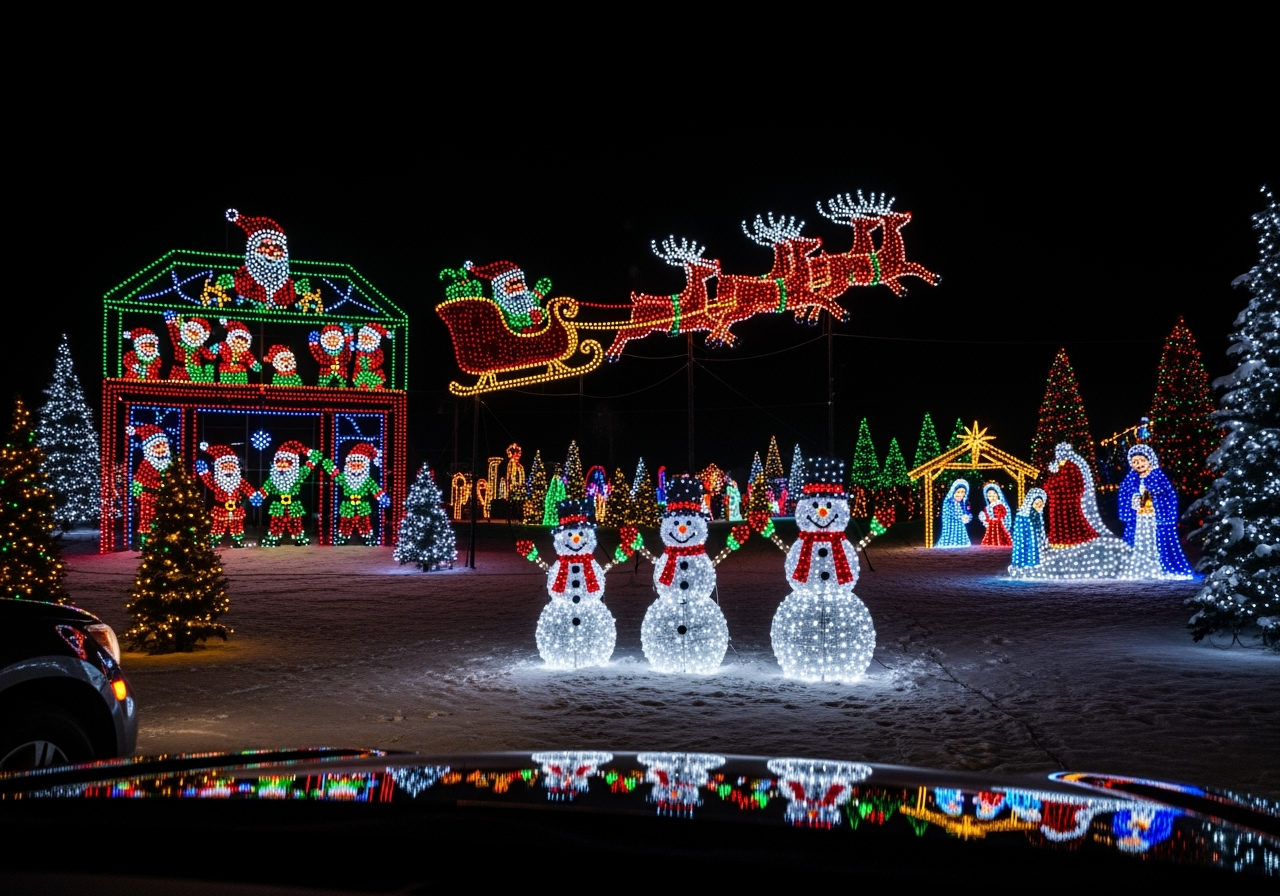 Animated Christmas light displays featuring Santa's workshop and holiday scenes at Shadrack's Pigeon Forge