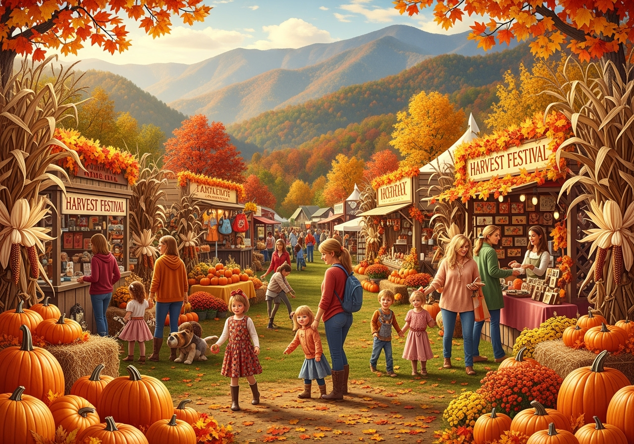 Gatlinburg harvest festival celebration with autumn decorations and Smoky Mountains backdrop