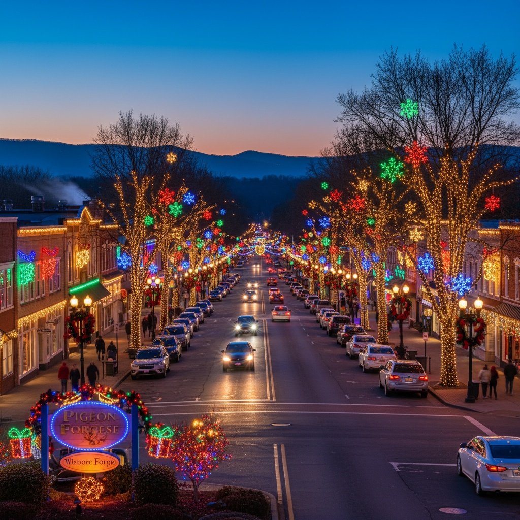 Pigeon Forge Winterfest with millions of colorful Christmas lights illuminating downtown streets in Tennessee