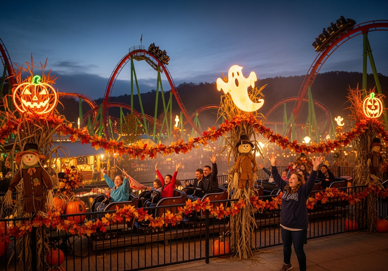 Dollywood theme park rides at night with Halloween decorations