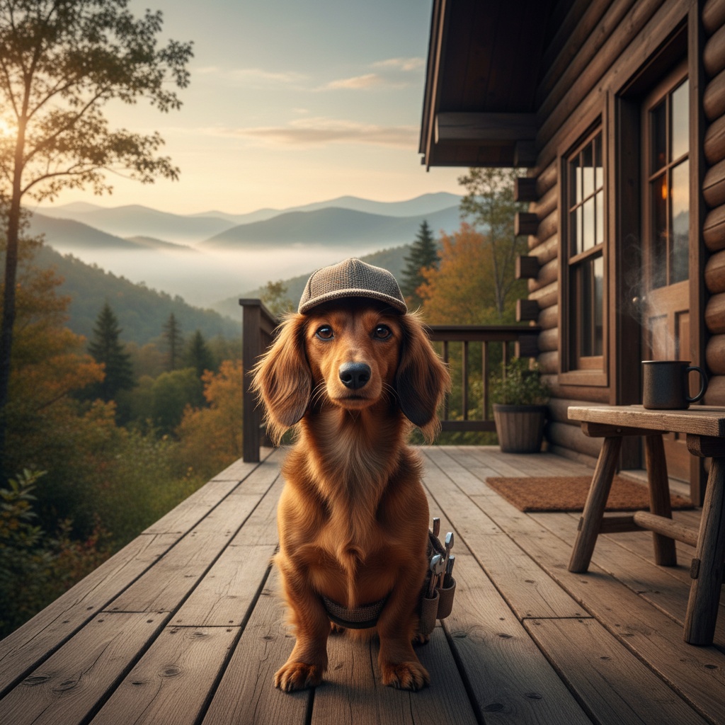 Greta the dachshund conducting professional inspection on deck of Rise and Shine pet-friendly cabin in Smoky Mountains Tennessee
