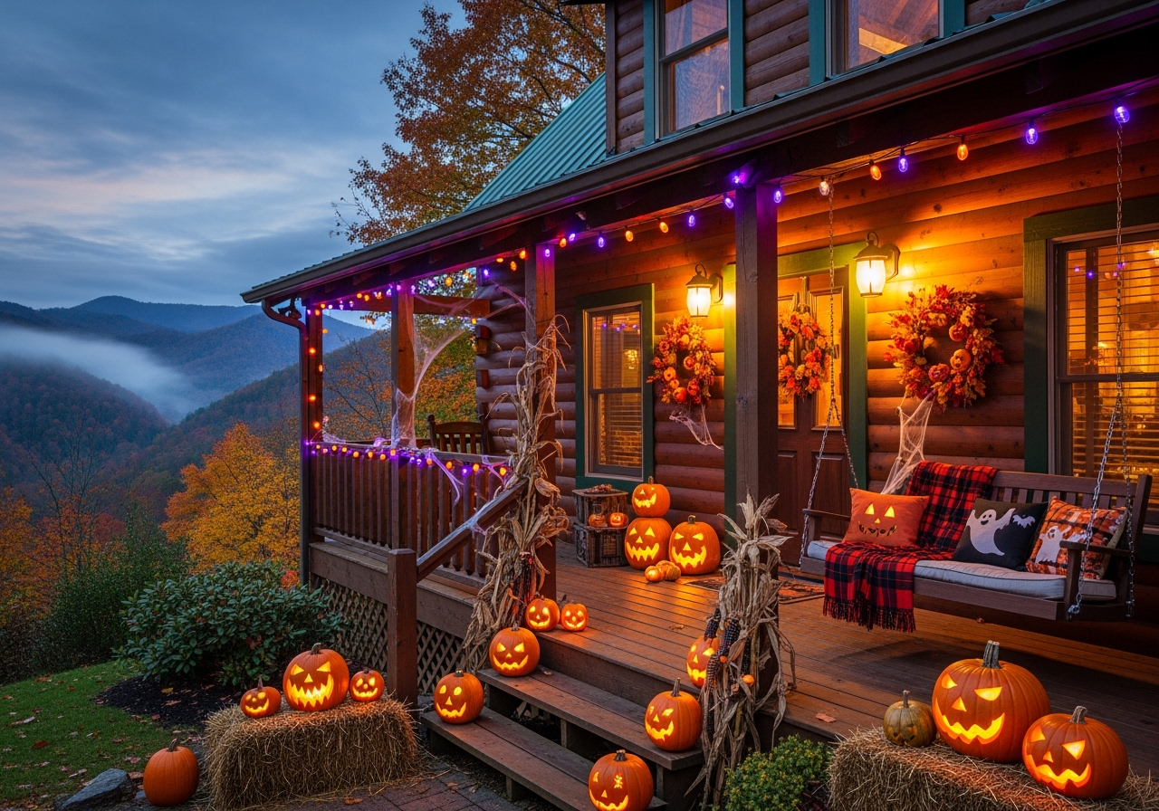 Smoky Mountain cabin decorated for Halloween with festive decorations