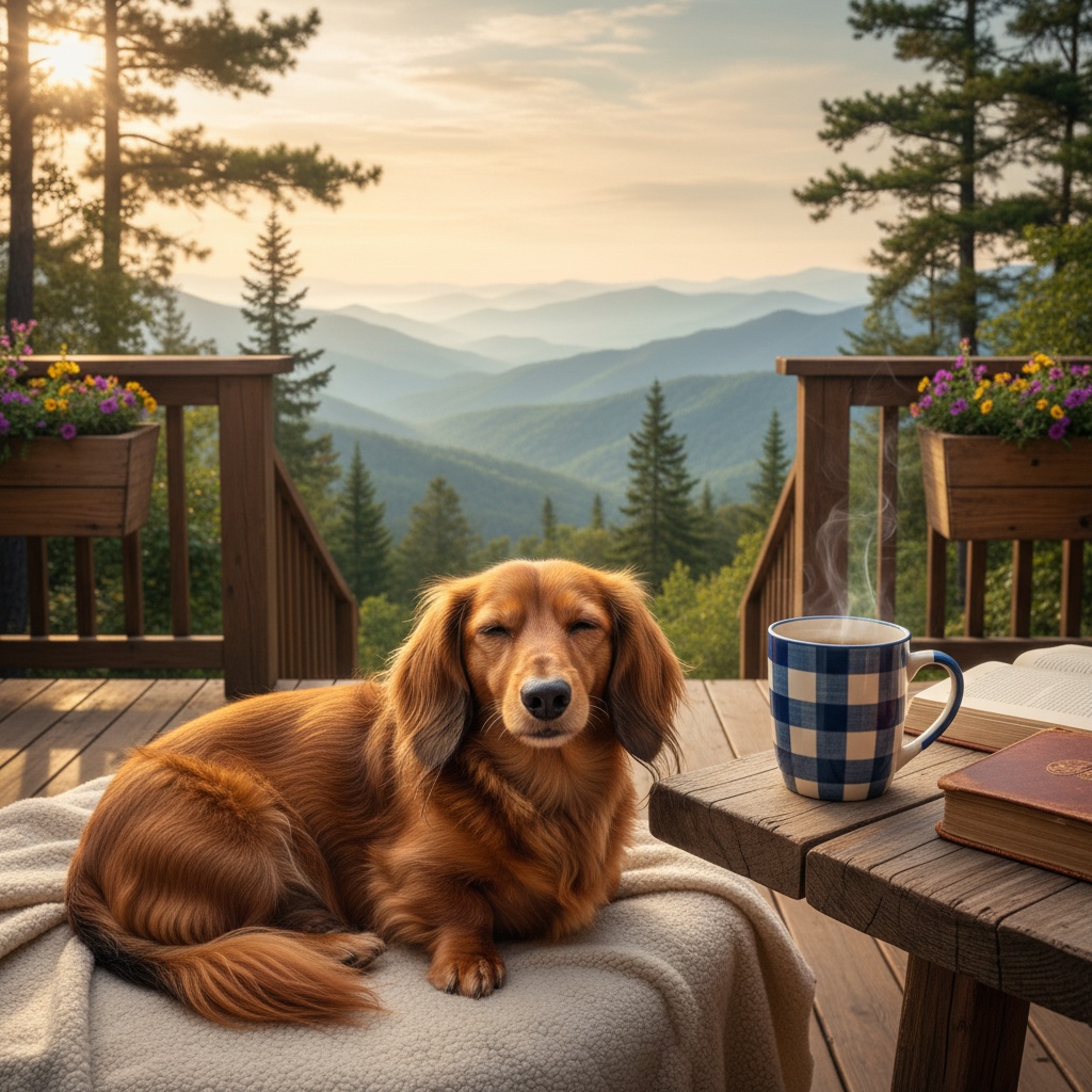 Happy dachshund relaxing on cabin deck after successful Smoky Mountain cabin inspection