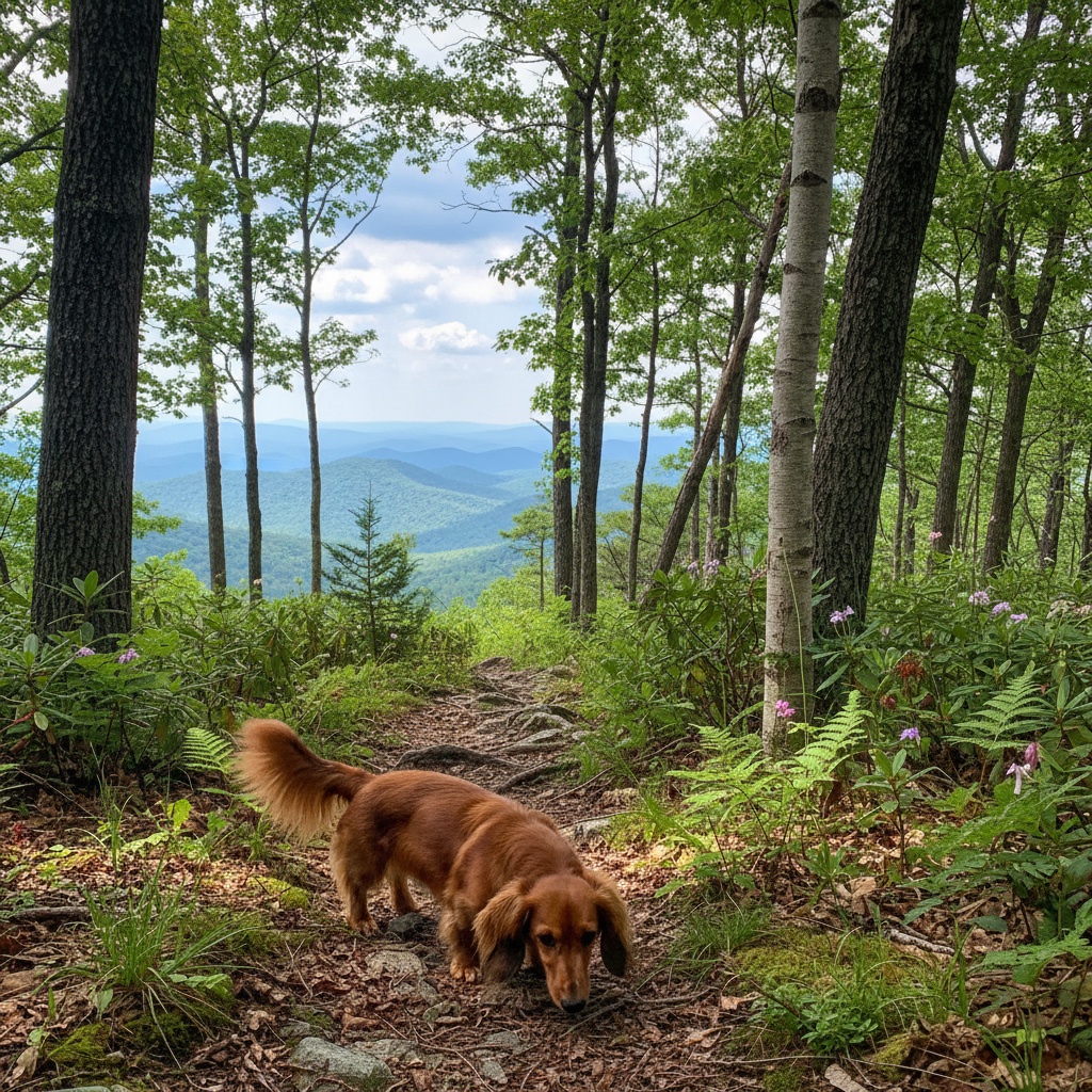 Dachshund exploring Great Smoky Mountains forest trails near dog-friendly vacation rental
