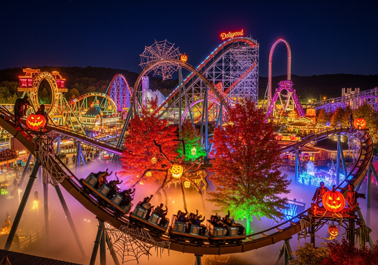 Dollywood roller coasters during Halloween with spooky decorations and autumn atmosphere