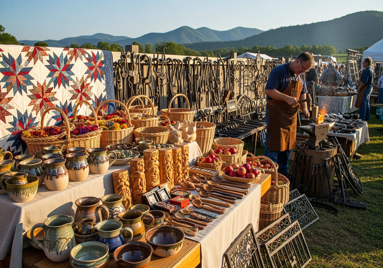 Traditional Appalachian crafts including pottery, baskets, and woodwork