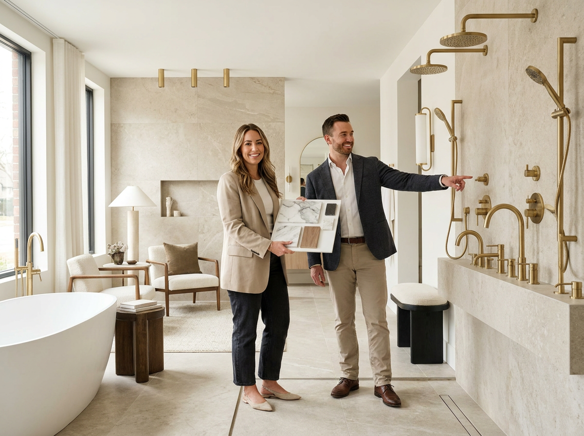 Interior designer and contractor reviewing premium bathroom fixture samples in a luxury showroom