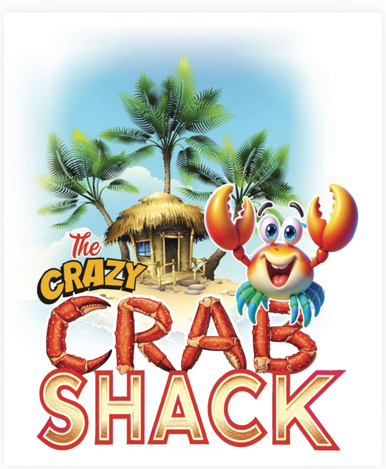 Crazy Crab Shack logo with cartoon crab mascot