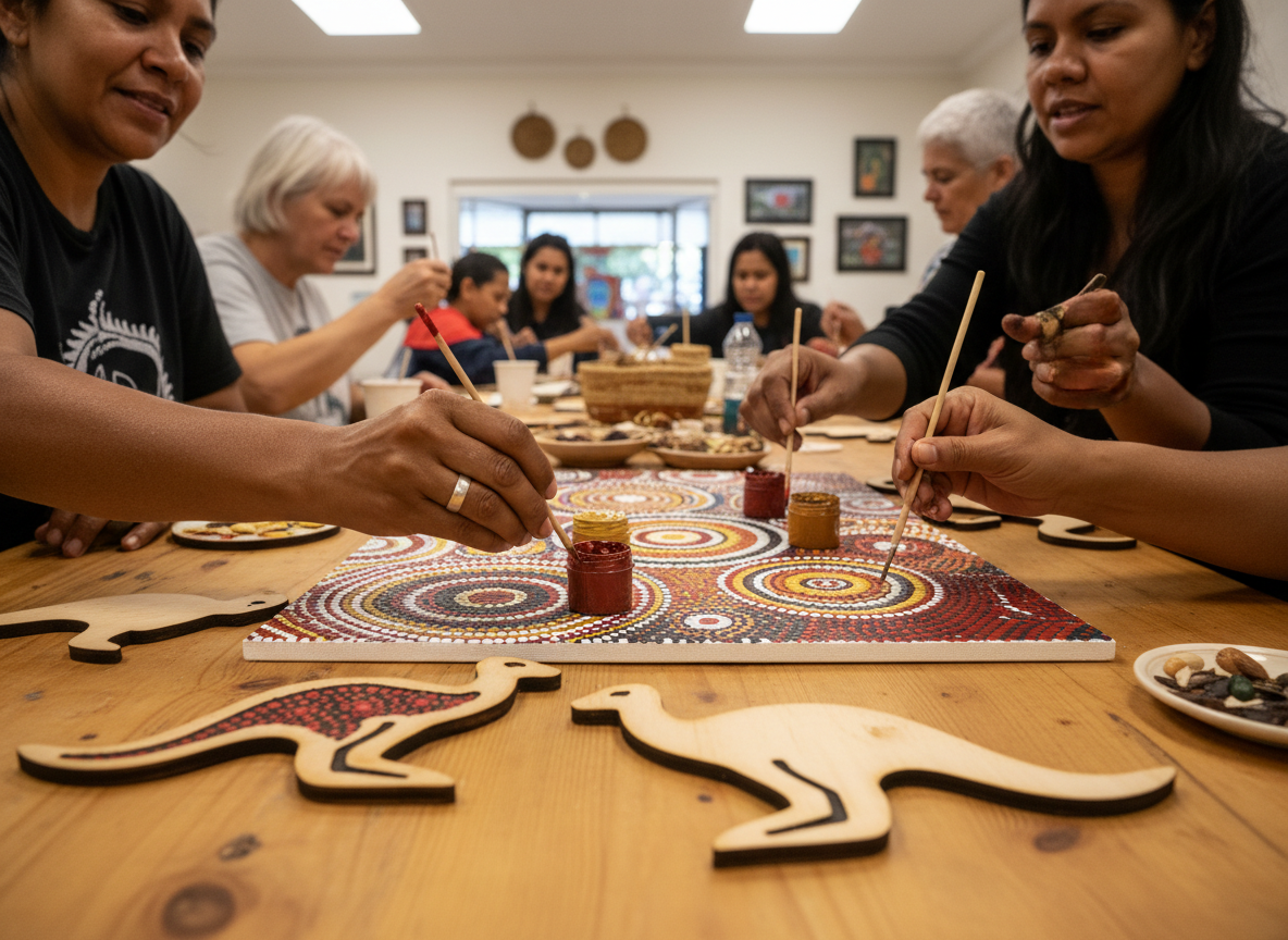 Women creating dot art together at workshop