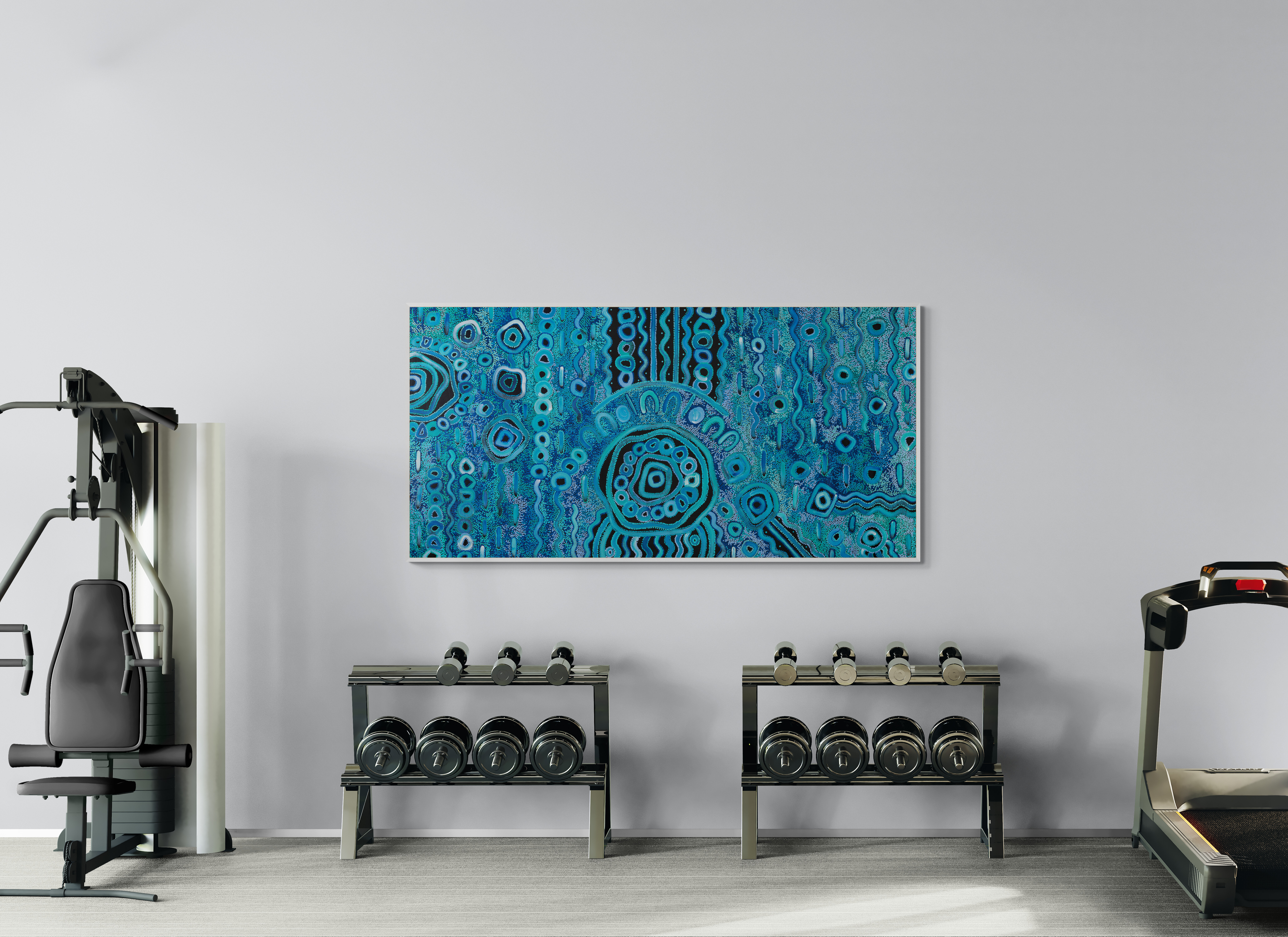 Aboriginal art in bright gym