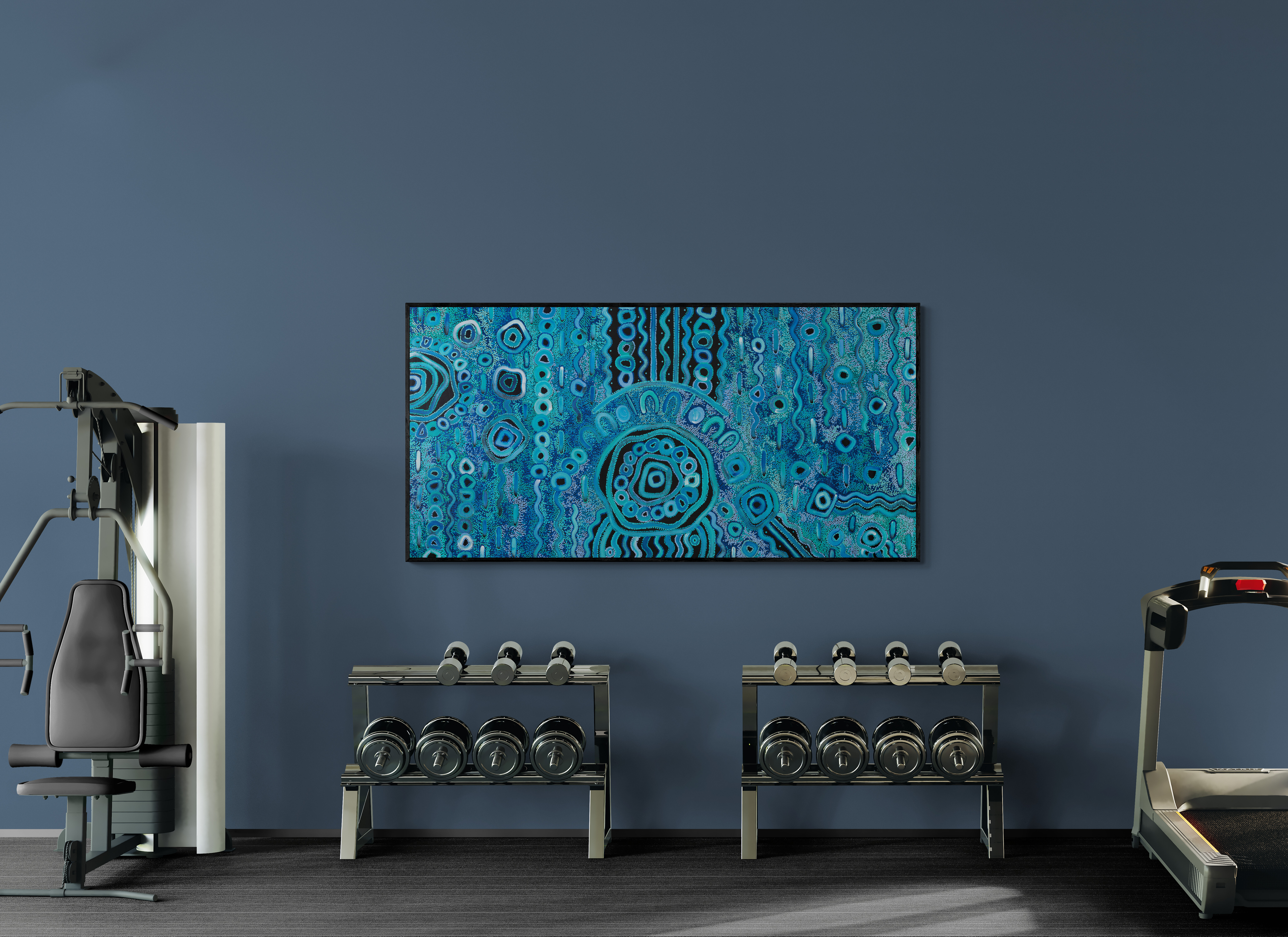 Aboriginal art in blue home gym