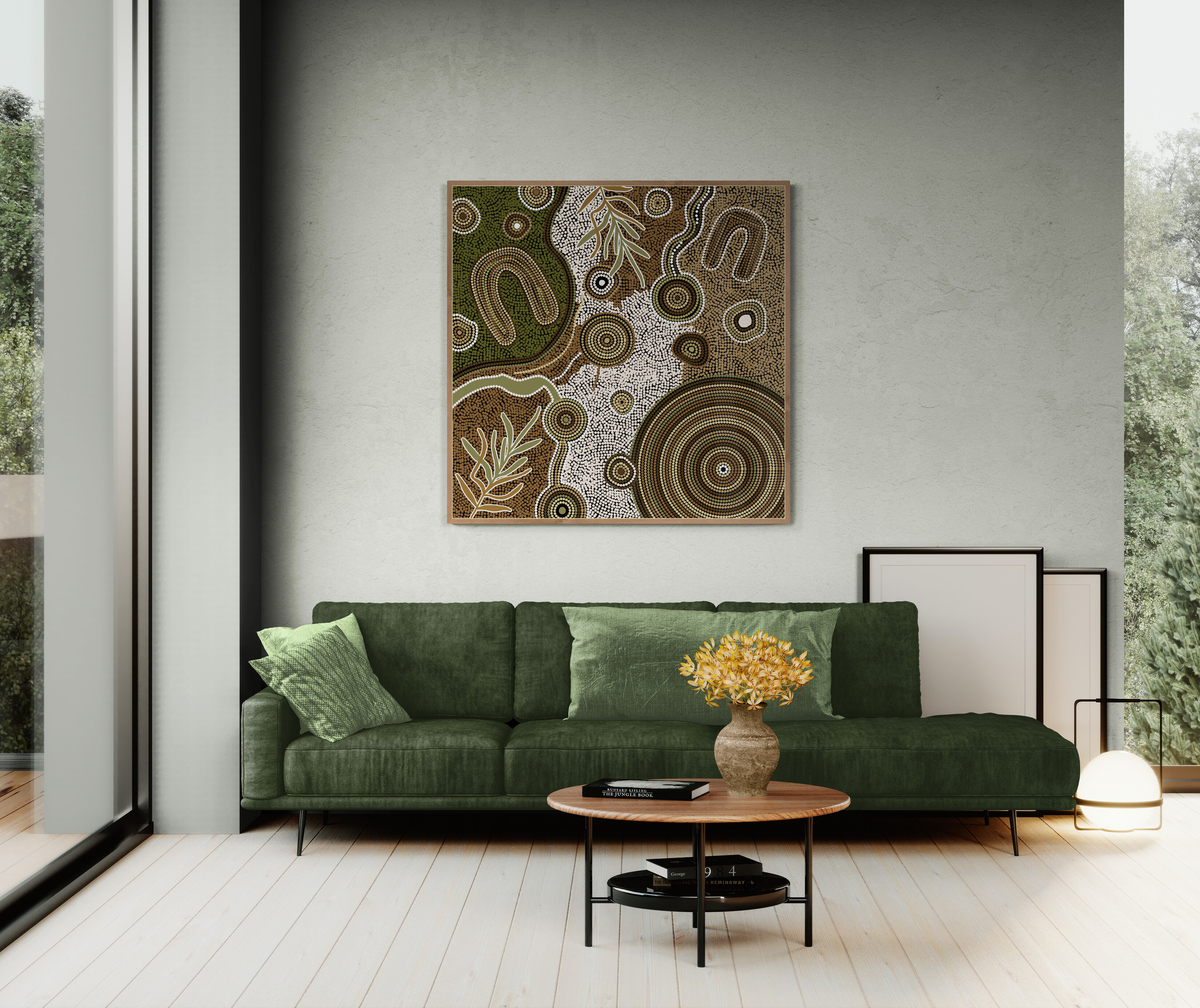 KT Aboriginal artwork in tranquil green living room