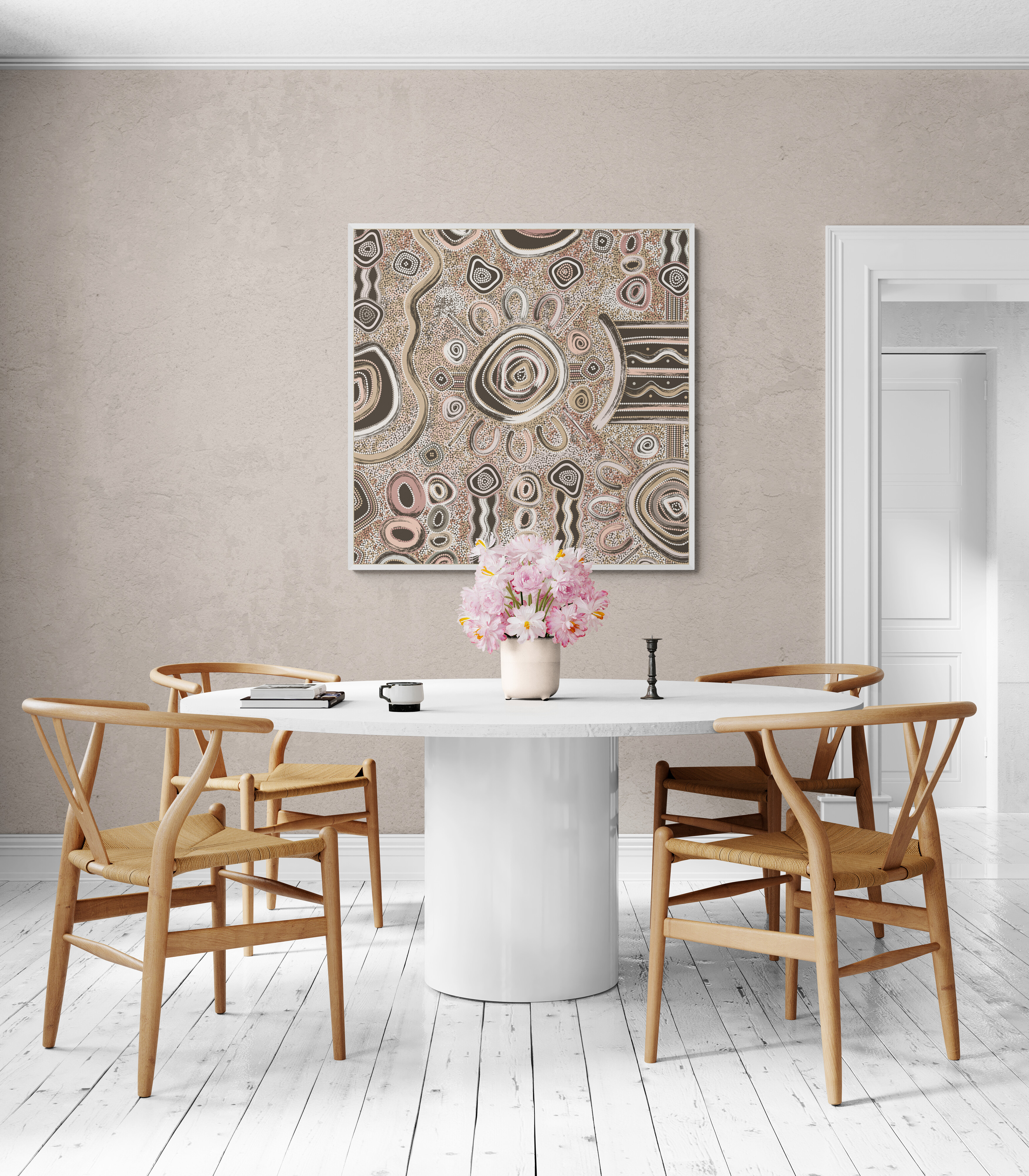 Aboriginal art in natural light dining room