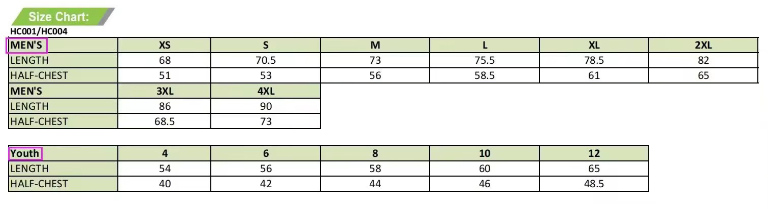 Koonibba FC size chart for men's and youth polos/jackets (cm)