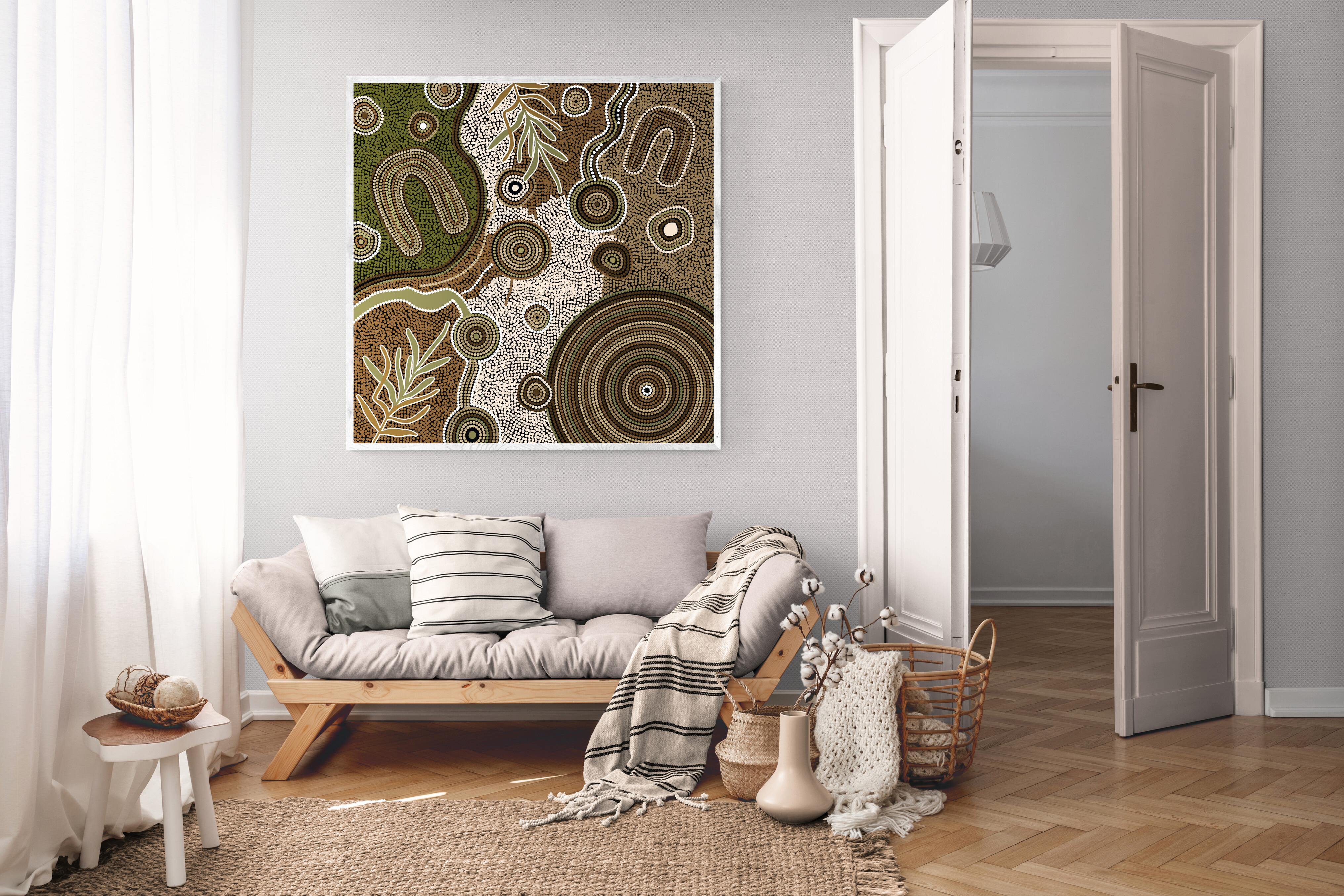 KT Aboriginal artwork above Scandinavian lounge