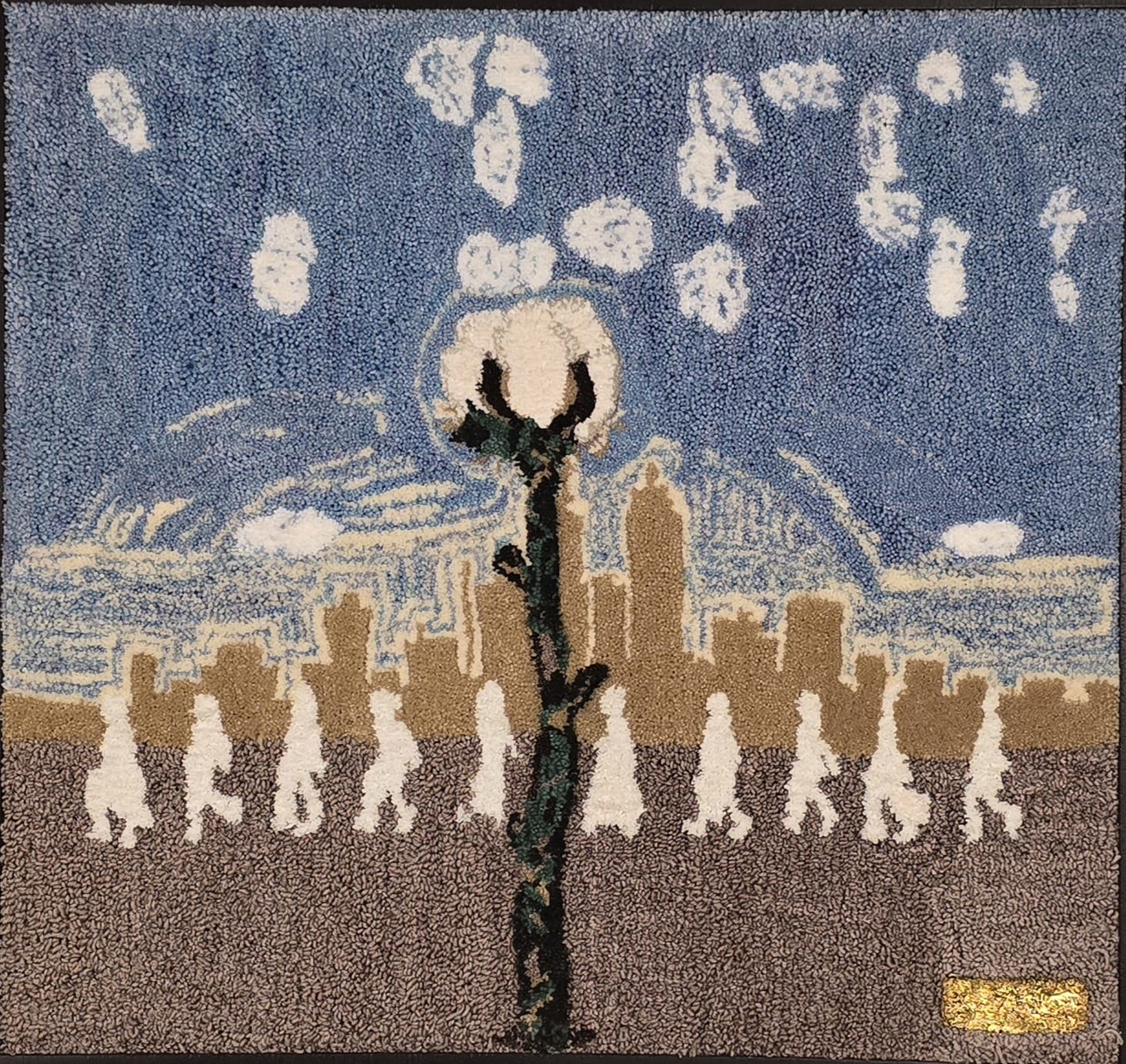 Harvested Histories — Tufted textile on woven backing cloth, floating frame, 34 × 32 in, 2026 by Henton Stinson