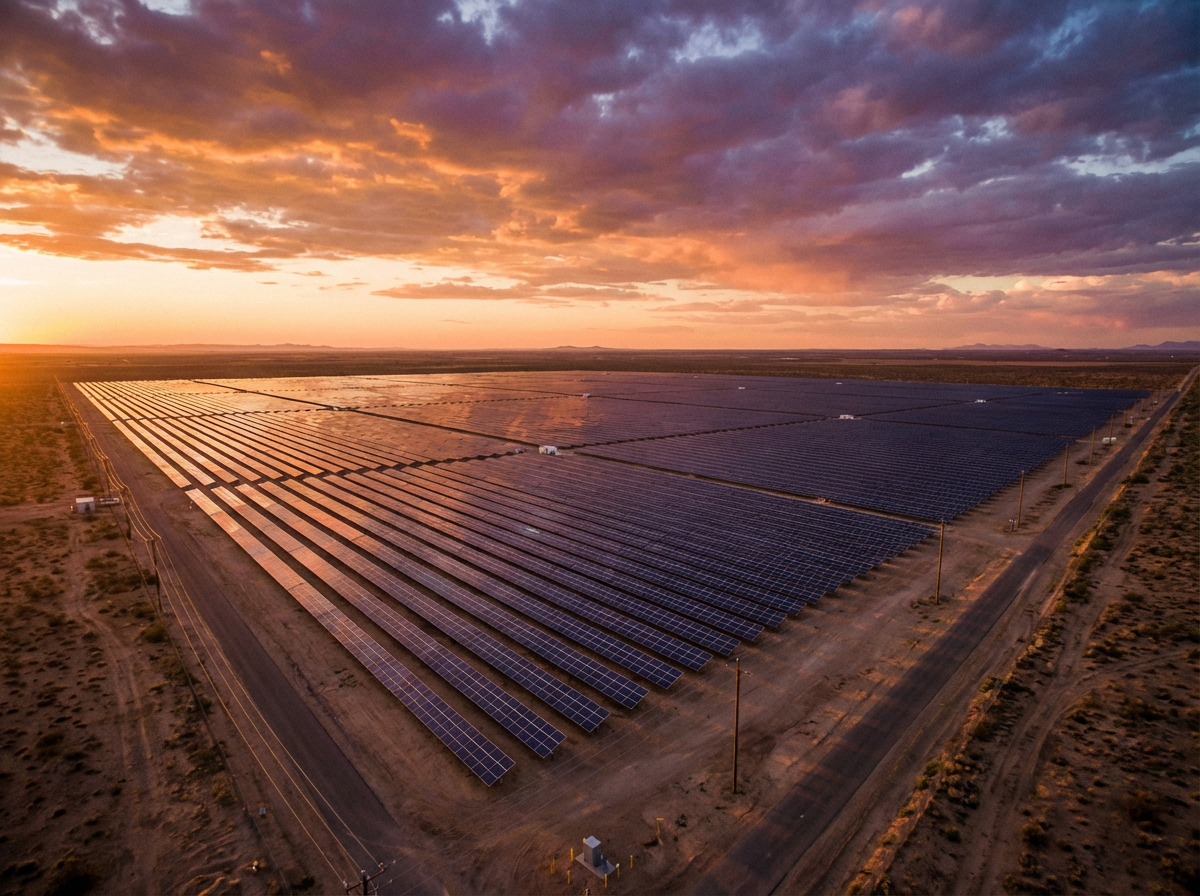 Utility-scale solar farm at sunset