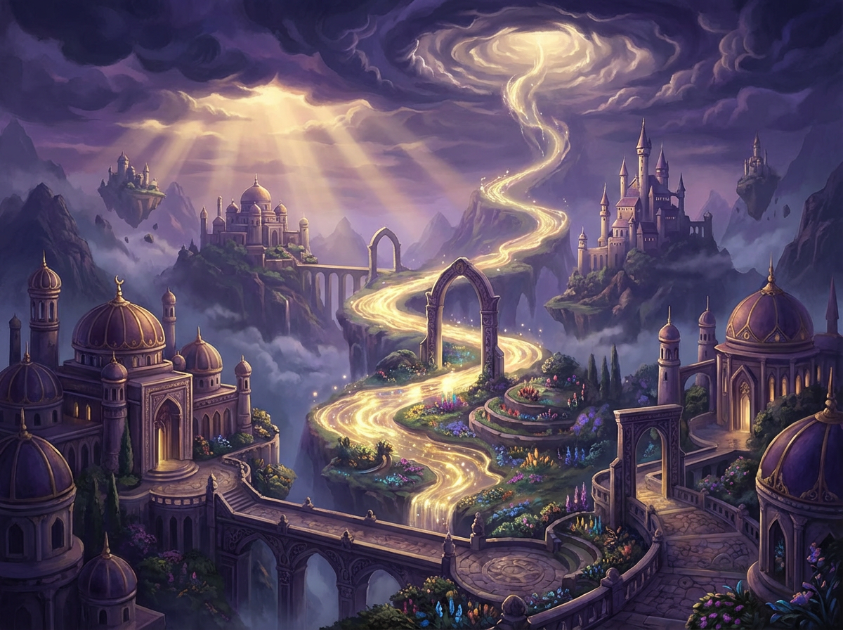 Royal kingdoms connected by a river of light flowing from Heaven, symbolizing the Great Commission and partnership