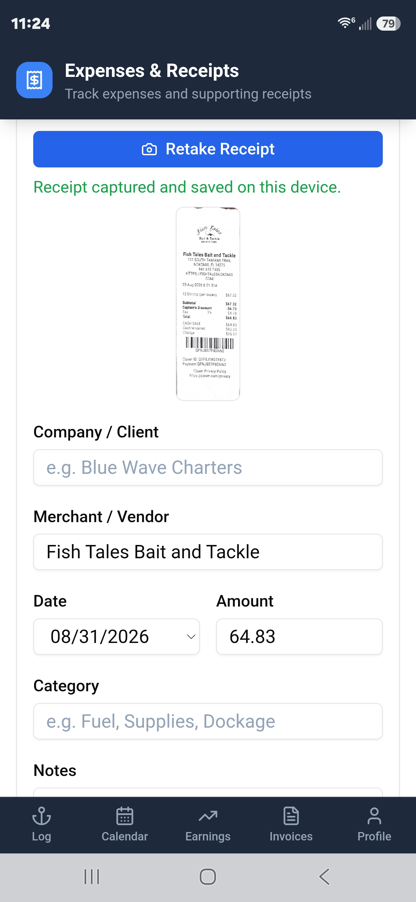 Merchant, date & amount auto-filled — assign to a client and save