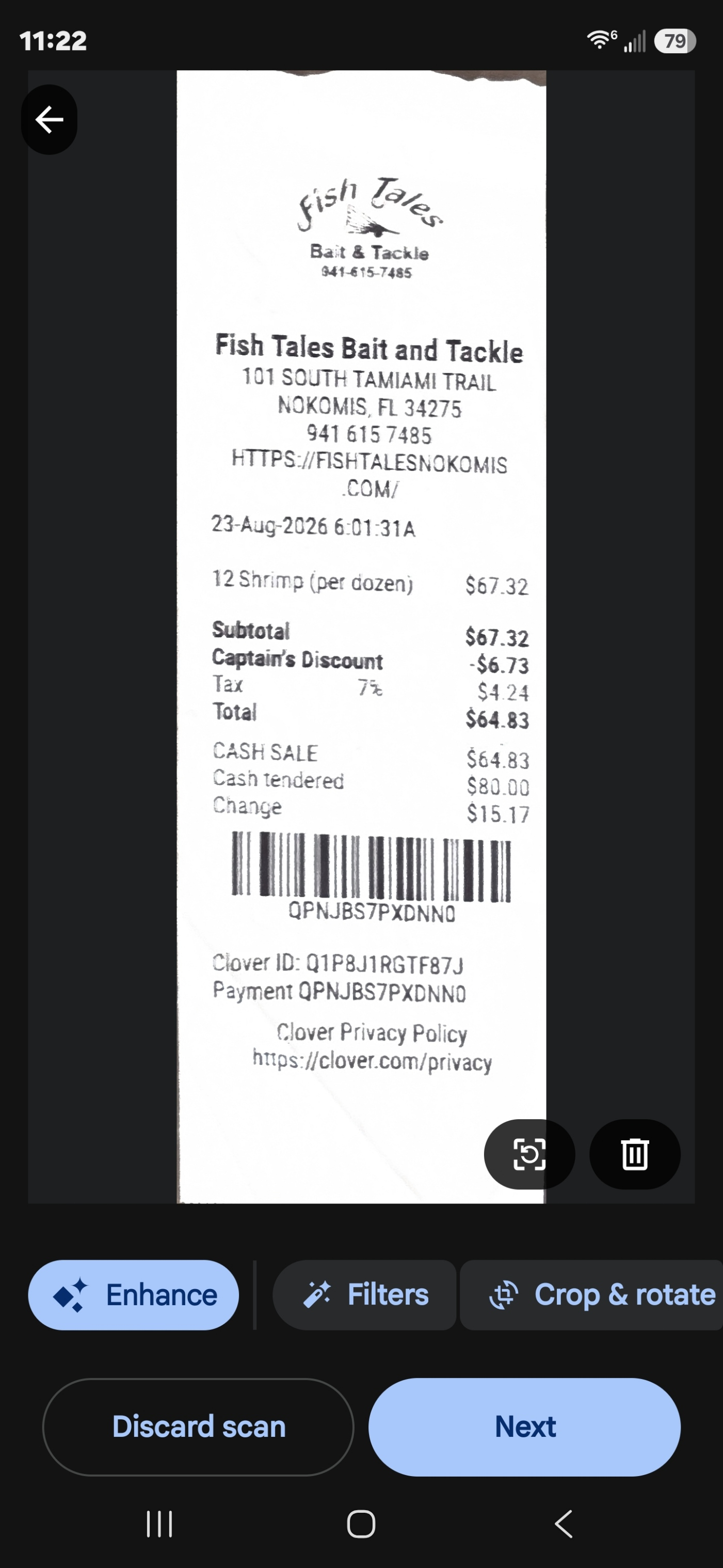 Review the scanned receipt clearly, then tap Next