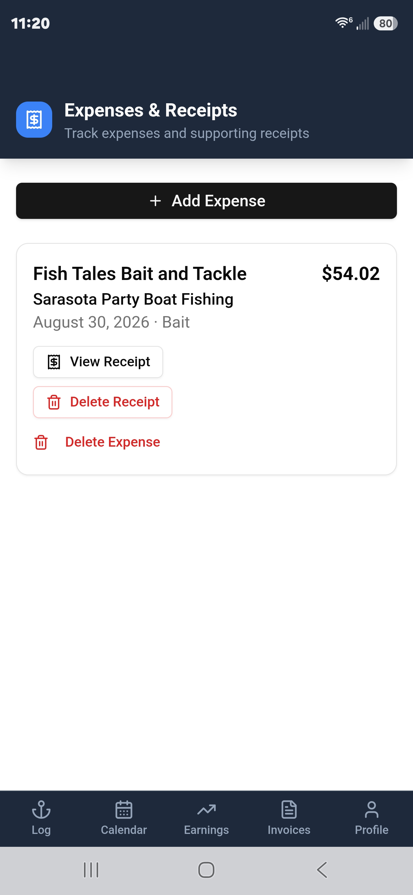 Your saved expenses — tap Add Expense to log a new one